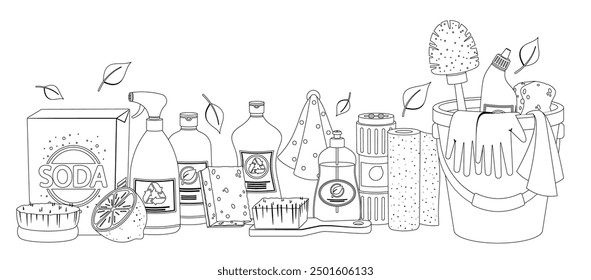 Black And White Linear Vector Illustration Of Various Eco-friendly Cleaning Products And Tools. Soda, Brushes, Sponges