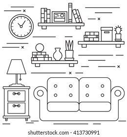 Black and white lineart living room with sofa and bookshelves. 