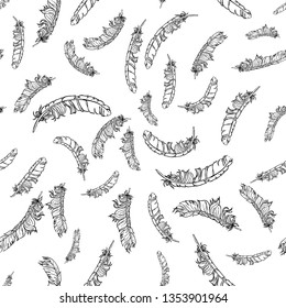 Black and white lineart vector seamless feathers pattern isolated on white. Repeat feather monochrome doodle illustration. Vector
