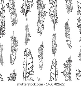 Black and white lineart vector seamless feathers pattern isolated on white. Repeat feather monochrome doodle illustration. Vector