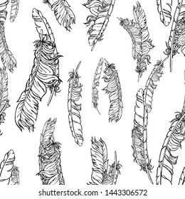 Black and white lineart vector seamless feathers pattern isolated on white. Repeat feather monochrome doodle illustration. Vector