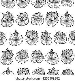 Black and white lineart waterlily-lotus pads arranged in rows seamless vector repeat pattern.