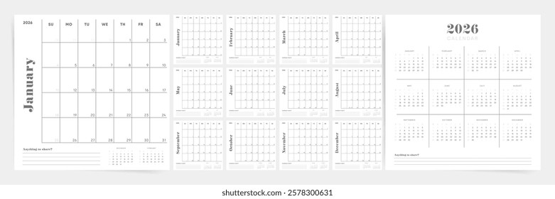 Black White Lined 2026 Calendar Template for Sunday Start Office Planner