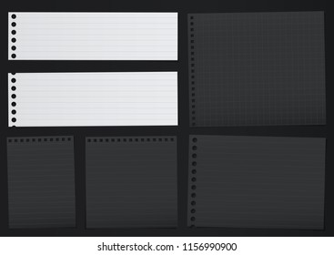 Black, white lined note, notebook paper pieces with torn edges stuck on black backgroud. Vector illustration.