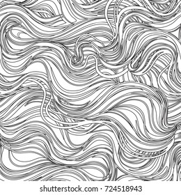 Black and white lines abstract hand-drawn pattern with waves and clouds. Vector illustration. Stylish seamless texture. Fabrics, textiles, paper, wallpaper. Retro hand drawn ornament.