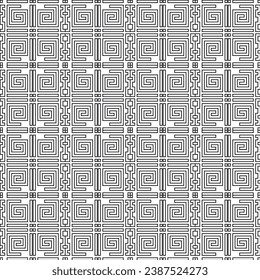 Black and white lines ancient style greek seamless pattern. Trendy vector background. Repeat tribal ethnic backdrop. Ornate borders ornaments with ancient greece symbols, signs. Greek key, meanders.