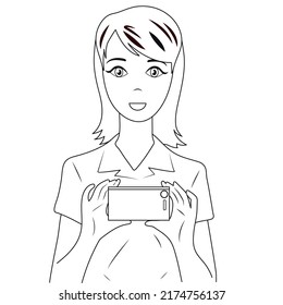 Black and white lines are drawing, a woman holds a phone in her hands and takes a photo or shoots a video.