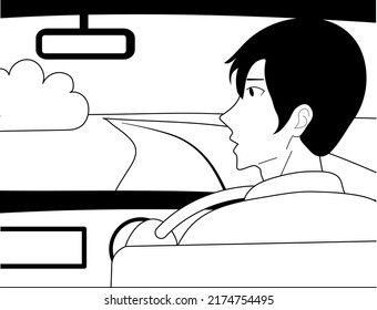 Black and white lines are drawn, a man in a car is driving along a road in a field. She looks in the rearview mirror. Traveler on a trip.