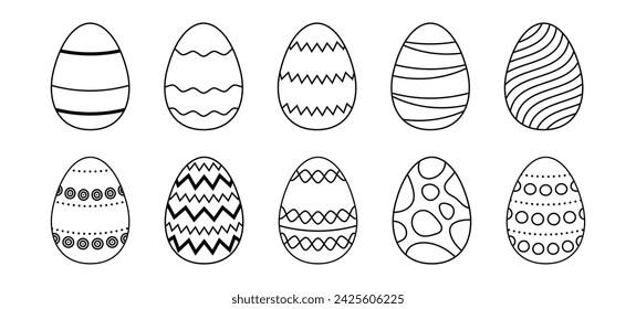 Líneas blancas y negras Huevos de Pascua. Iconos lineales de huevo de primavera con decoración de patrón diferente. Paquete de ilustración de Pascua de estilo Doodle para tarjeta, invitación, impresión, pegatina, banner. Ilustración 3D