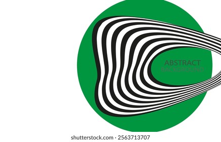 Black and white lines on a white background, design of wavy monochrome wave stripes with green circles