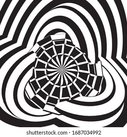 Black and white lines optical illusion. Shield and triple swirls. Opt Art picture. Vector illustration