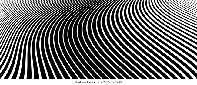 Patrón de líneas en blanco y negro con efecto de ilusión 3D. Abstractas fondo de rayas texturizado. Arte vectorial.