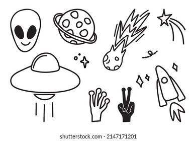 Black and white lines set of icons with patches stickers with stars of alien UFO spaceships. Modern vector style mascot logo fashionable print on children's clothing T-shirt sweatshirt poster.