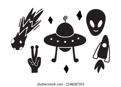 Black and white lines set of icons with patches stickers with stars of alien UFO spaceships. Modern vector style mascot logo fashionable print on children's clothing T-shirt sweatshirt poster.