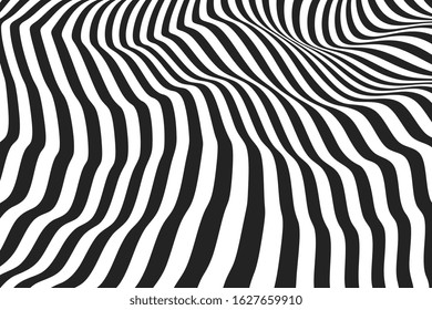 Black and white lines that makes a wavy rippled surface. Optical illusion striped background. Zebra style pattern. Modern vector backdrop.