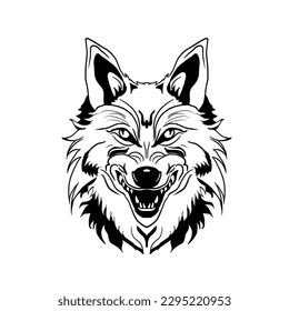 Las líneas en blanco y negro de la cara del lobo eran colmillos de barrido.ilustración vectorial aislada en fondo blanco.Diseño lindo para la impresión de camisetas, ícono, logo, etiqueta, parche o pegatina.