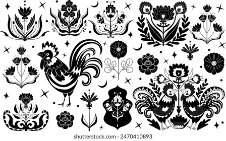 black and white linocut inc folk set. Flower, roosters. Folk art, linocut style. Vintage decorative ornament elements for your design. Vector hand draw illustration.