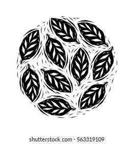 Black And White Linocut Leaves Circle, Vector