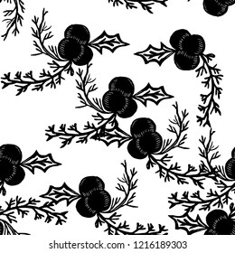 Black and white linocut style mistletoe. Christmas foliage seamless pattern on white background.
