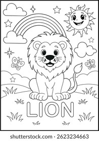 Black and White Lion Coloring Page for Kids – Fun and Educational Forest Animal Printable Worksheet for Preschool and Kindergarten
