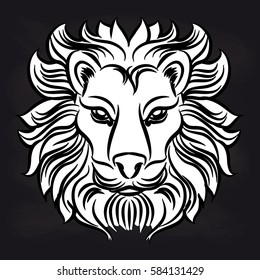 Black and white lion head design on blackboard. Vector illustration
