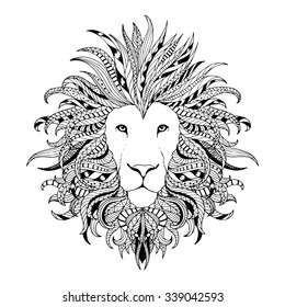 Black and white lion head with ethnic pattern. Sign of zodiac. Vector illustration