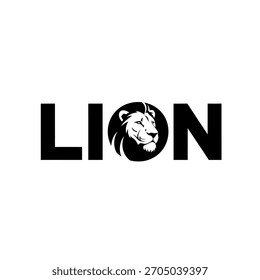 Black and white lion head logo design integrated into the word lion