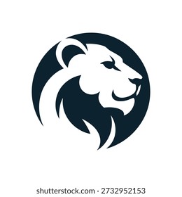 Black and white lion head logo in a circular frame