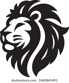 a black and white lion head with a black mane.