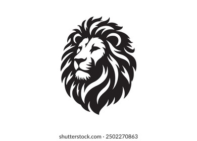 Ilustración vectorial de cabeza de león en blanco y negro con diseño simétrico, para su Plantilla de logotipo