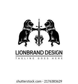 Black And White Lion Holding Sword Logo Template