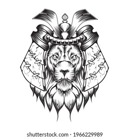 black and white lion illustration on a samurai theme