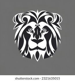 black and white lion logo, long hair yellow eyes, symbol of leadership, strength and prestige, gray background