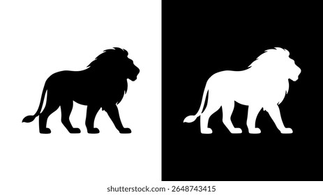 Black and White Lion Silhouette Icons. Vector King of Jungle Symbol.