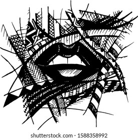 Black and white lips painted by hand in art style.