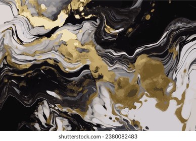 Black White liquid marble with gold viens. Fluid black golden marble background texture. Luxury Abstract background for banner, invitation, greeting card. 