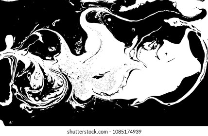 Black and white liquid texture. Hand drawn marbling illustration. Abstract vector background. Monochrome marble pattern.