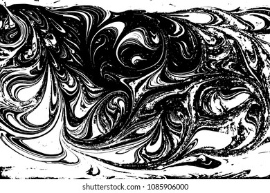 Black and white liquid texture. Hand drawn marbling illustration. Abstract vector background. Monochrome marble pattern.
