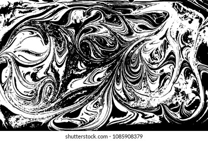 Black and white liquid texture. Hand drawn marbling illustration. Abstract vector background. Monochrome marble pattern.