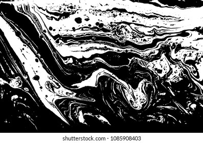 Black and white liquid texture. Hand drawn marbling illustration. Abstract vector background. Monochrome marble pattern.