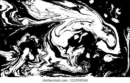 Black and white liquid texture. Hand drawn marbling illustration. Abstract vector background. Monochrome marble pattern.