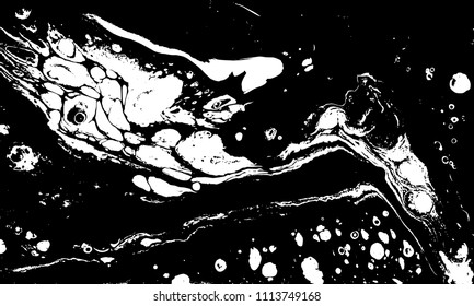 Black and white liquid texture. Hand drawn marbling illustration. Abstract vector background. Monochrome marble pattern.