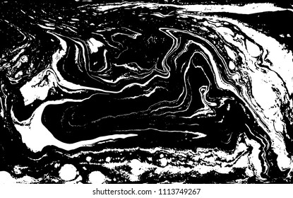 Black and white liquid texture. Hand drawn marbling illustration. Abstract vector background. Monochrome marble pattern.