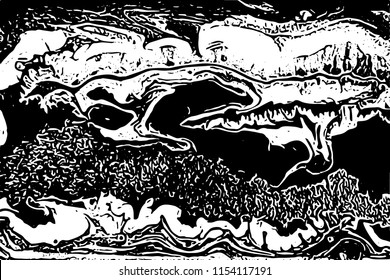 Black and white liquid texture. Hand drawn marbling illustration. Abstract vector background. Monochrome marble pattern.
