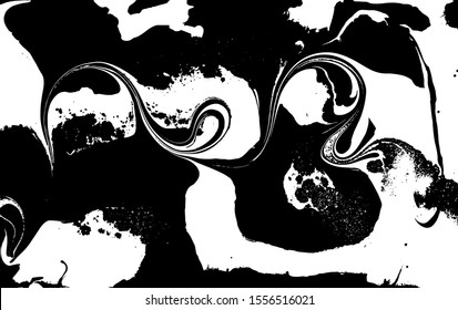 Black and white liquid texture. Watercolor hand drawn marbling illustration. Abstract vector background. Monochrome marble pattern.