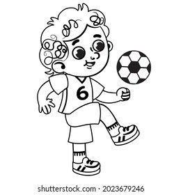 Black and white little boy in sportswear is playing with a soccer ball. 