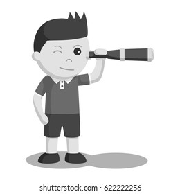 black and white little boy using telescope black and white style