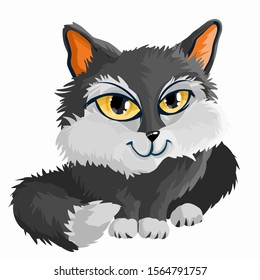 Black white little cute kitten. Big yellow eyes. Cartoon character. Classic handmate vector illustration. Isolated. Cat for animation