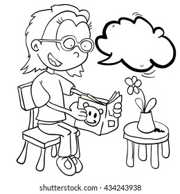 black and white little girl with speech bubble reading cartoon