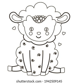 A black and white little pretty lamb sits and smiles. Scandinavian style. For printing on children's coloring book or page, logo. Vector.